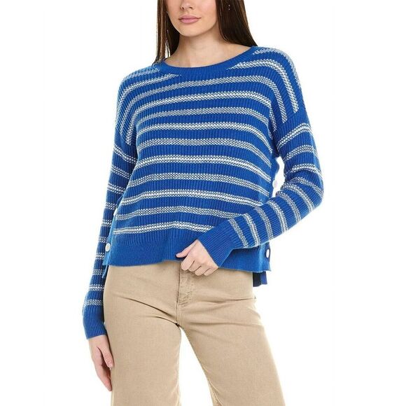 CAbi Womens Pullover Sweater M Blue Striped Oversized Knit Buttons Slouchy 6165 - Picture 1 of 11